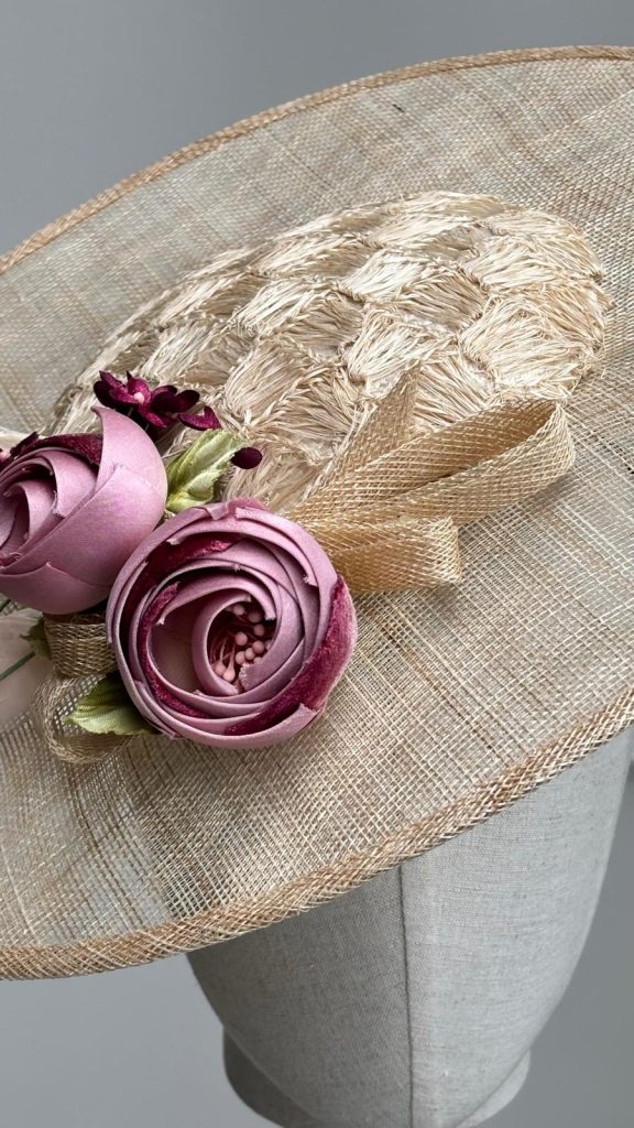 Beige cream and pink floral hat for hire